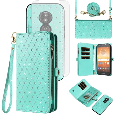 Coque Moto E5 Play et Cruise Asuwish étui portefeuille zippé paillettes avec verre trempé
