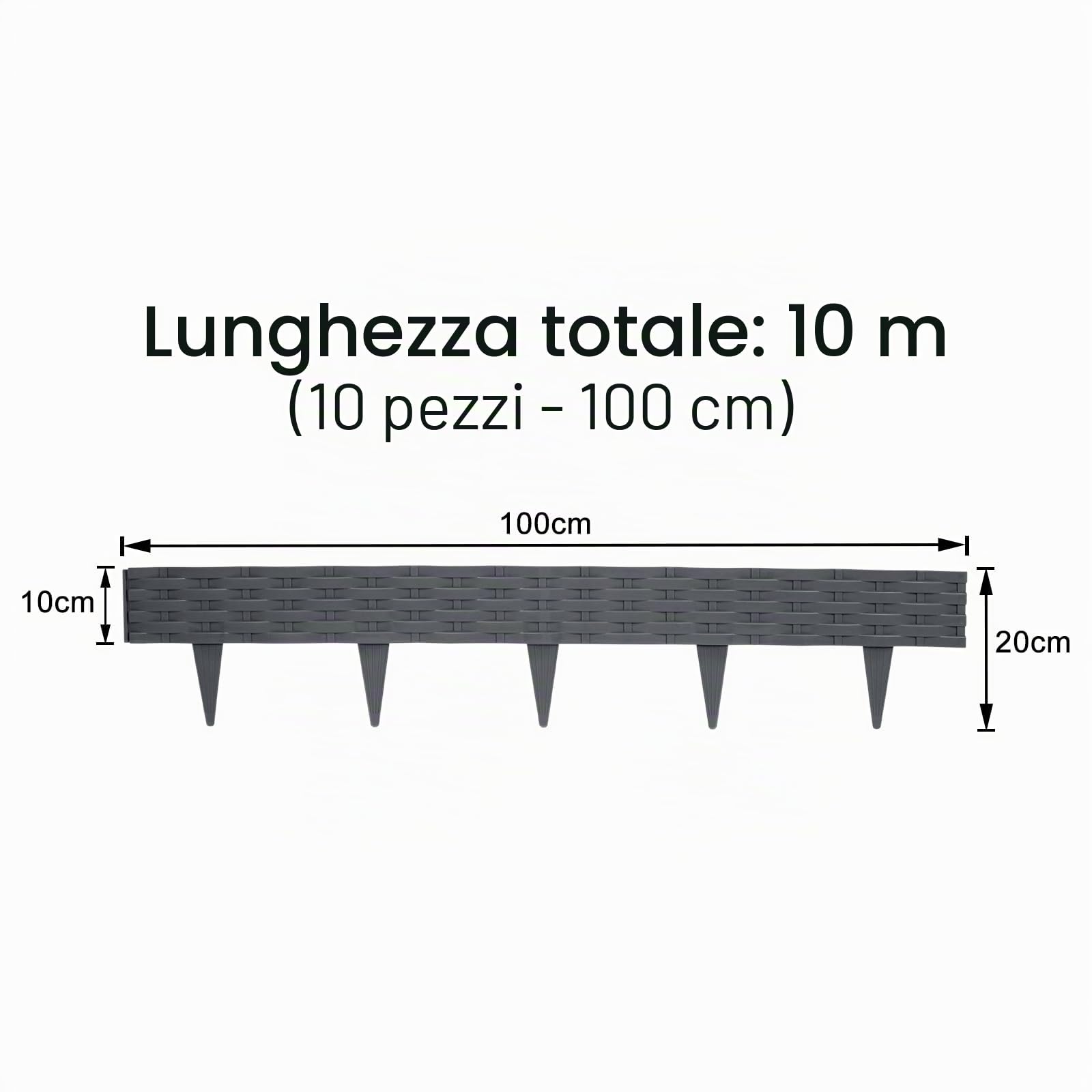 Aufun 10m Bordo Giardino con 10 elementi da 100 cm ciascuno, plastica flessibile, Recinzione Prato Bordatura per Aiuole Palizzata Orto Piante (Antracite)