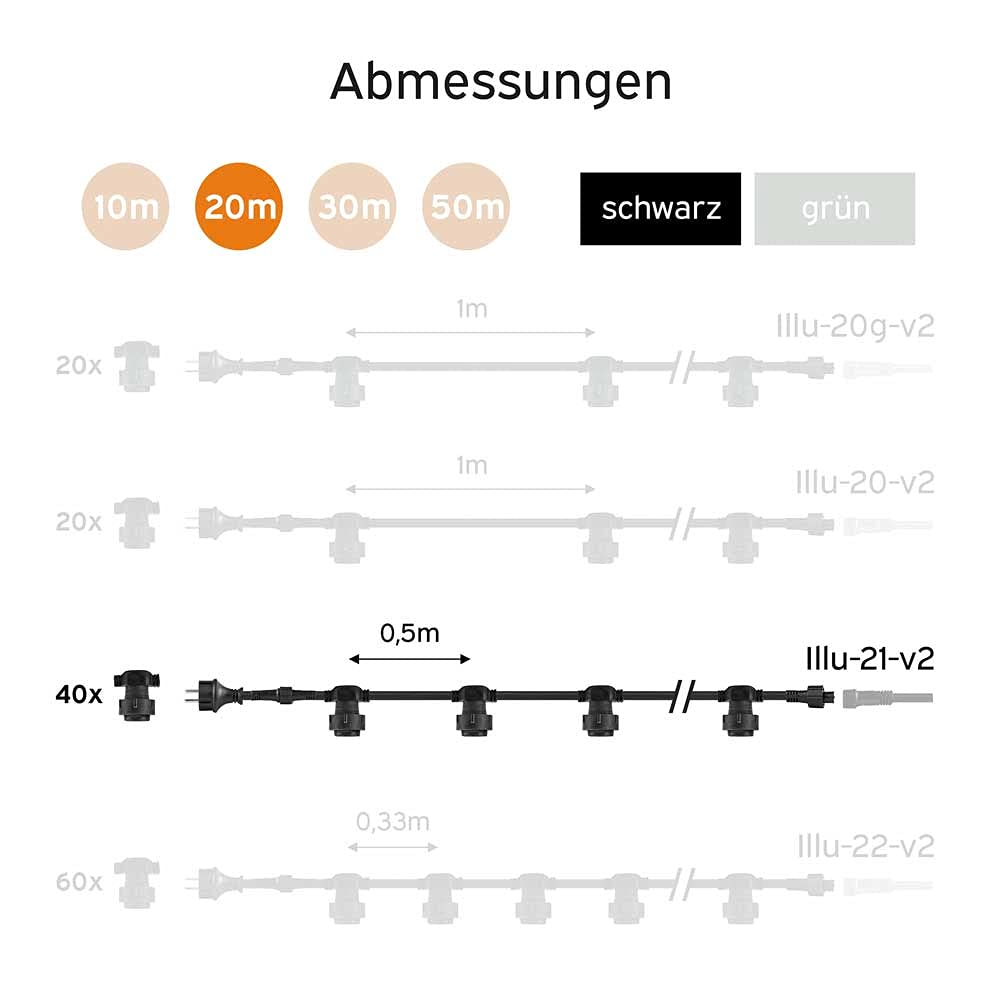 NCC-Licht Illu Lichterkette Komplettset 20 Meter Schwarz 40 E27 Fassungen mit Dichtung zum Verschrauben verlängerbar