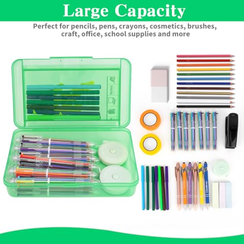 Image of Pencil Case Box, Green Double Layer Large Capacity Plastic Pencil Boxs, Clear Hard Pen Case with Snap-tight Lid,Storage Art Craft Box Marker Organizer for Kids Boys Girls Offices School Supplies