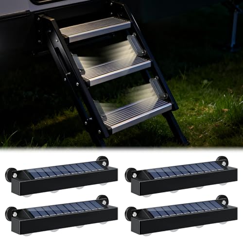 Hifor Magnetic Solar RV Step Lights Outdoor Waterproof IP65 4 Pack 1200mAh Solar Lights for Camper Trailer Motorhome Auto On/Off Warm LED Stair Lighting for Deck Dock Anti-UV