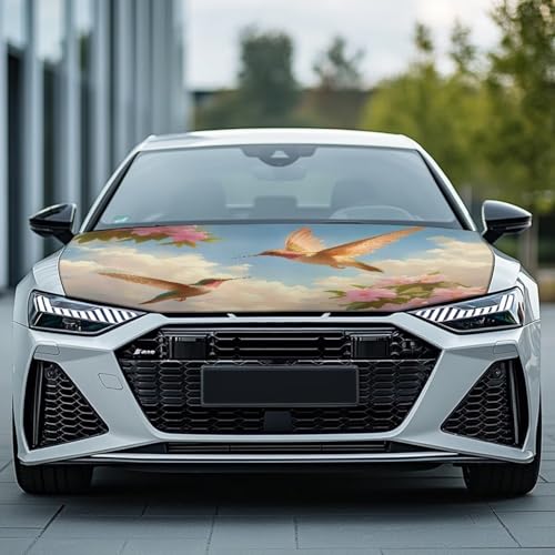 Image of Car Hood Cover Protector,All Weather Automotive Print Hood Covers for Cars,Universal Accessories for Decoration Hummingbird Pink Flower Print