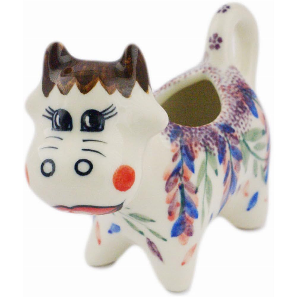Authentic Polish Pottery Cow Shaped Creamer Signature UNIKAT in Lupine Surprise Design Handmade in Boles?awiec Poland by Ceramika Dalia + Certificate of Authenticity