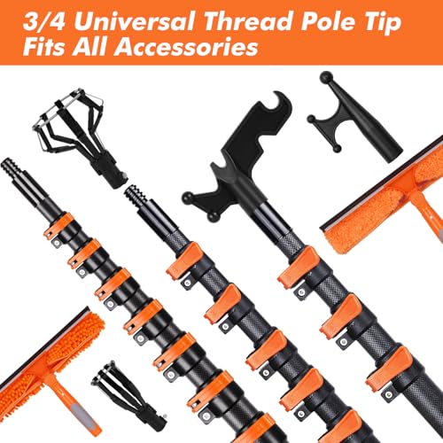 Image of Window Washing Kit with Extension Pole 4.7 to 24FT, Long Squeegee for Window Cleaning Indoor Outdoor, Carbon Fiber Telescopic Pole for Window Cleaner Tool with Microfibre Pad & Chenille Cloth