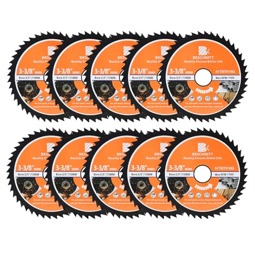 HSS Circular Saw Blade 3 3/8inch - BRSCHNITT 10pcs 44T 3/5"-3/8" Bore Cutting Discs for Cutting Wood, Copper, Aluminum, Plastic and Soft Metal