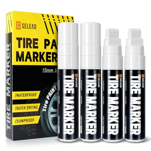 SELEAD Jumbo Tire Marker White - 4 Pack 15mm Wide Tip Paint Pens for Car Tires Lettering, Large Capacity Premium Ink Waterproof Permanent Markers