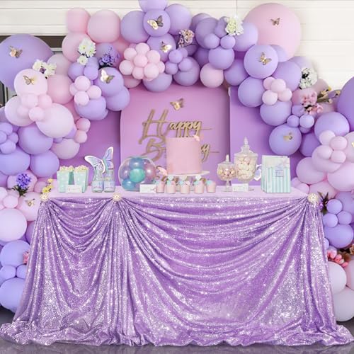 Image of B-COOL Sequin Tablecloth Rectangle Tablecloths Lavender Shiny Table Skirt Sweet Birthday Cake Events Table Linens-90x156inches