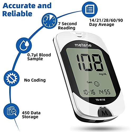 Metene BG03 Td-4116 Blood Glucose Monitor Kit, 100 Glucometer Strips thumb #1