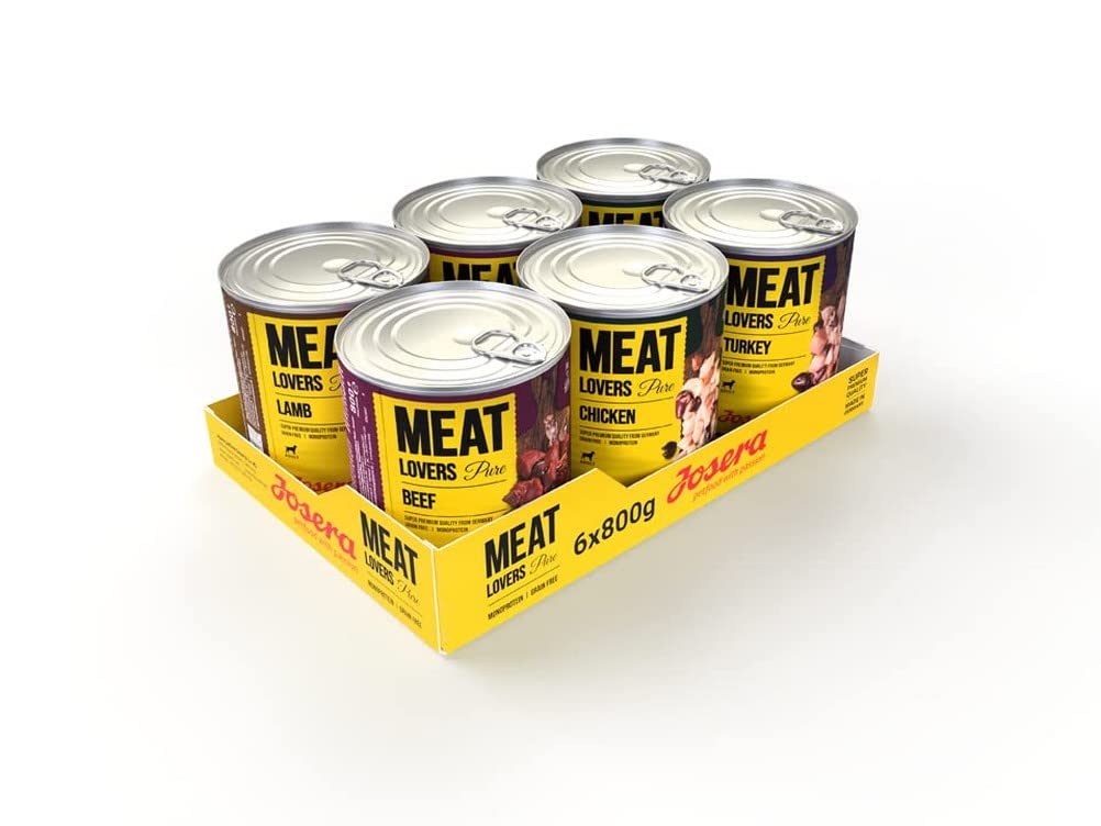 JOSERA Meat Lovers Pure Multipack (6 x 800 g) | Adult | Premium Nassfutter für ausgewachsene Hunde | 4 Verschiedene Sorten | hoher Fleischanteil (68%) | getreidefrei | Hundefutter nass | 6er Pack