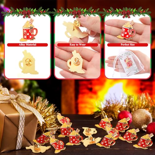 Image of 50 Sets Christmas Gift Hot Cocoa Cup Lapel Pin with Marshmallows Ornament Jewelry Charm Pins for Women Xmas Hot Cocoa Party Supplies Brooch Favor Merry Christmas Card Organza Bag Thank You Gift