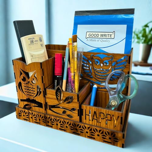 Image of Zesta Wooden Desk Organizer Pen Stand Remote Holder Card Slot | Table Accessory Office Desk Study Room | Pencil Storage Stand Stylish Workspace Decor (Multi Organiser)