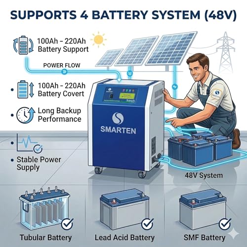 Image of Smarten Superb 5500VA 48V Solar Inverter with 70A MPPT Solar PCU | 5KVA Hybrid Solar Inverter | Supports 5500W Solar Panels | Pure Sine Wave Off-Grid | 4 Battery System | Heavy Load | 3 Year Warranty