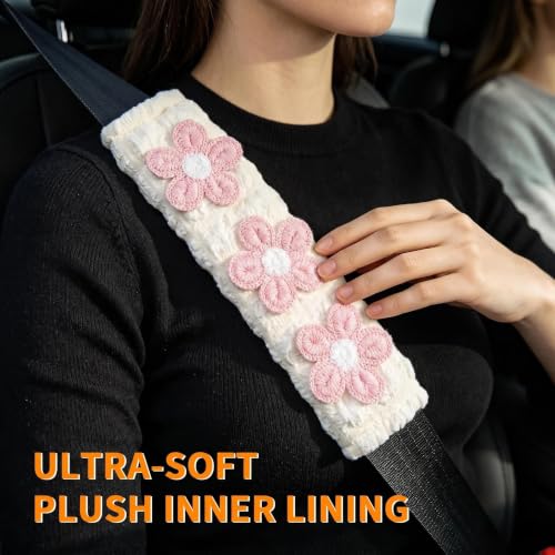 Image of Cute Pink Flower Seat Belt Cover Pads for Women Girls - Soft Plush Seatbelt Cushion, Fun Car Accessories (2, Pink Flower White Seersucker Pad)