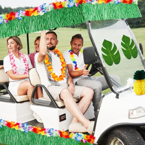 Image of WinnerWhy 29 Pcs Summer Tropical Golf Cart Parade Decorations Tropical Flower Leis Tinsel Garland Grass Fringe Banner Inflatable Flamingo Tube Paper Pineapples Leaves for Luau Party Supplies