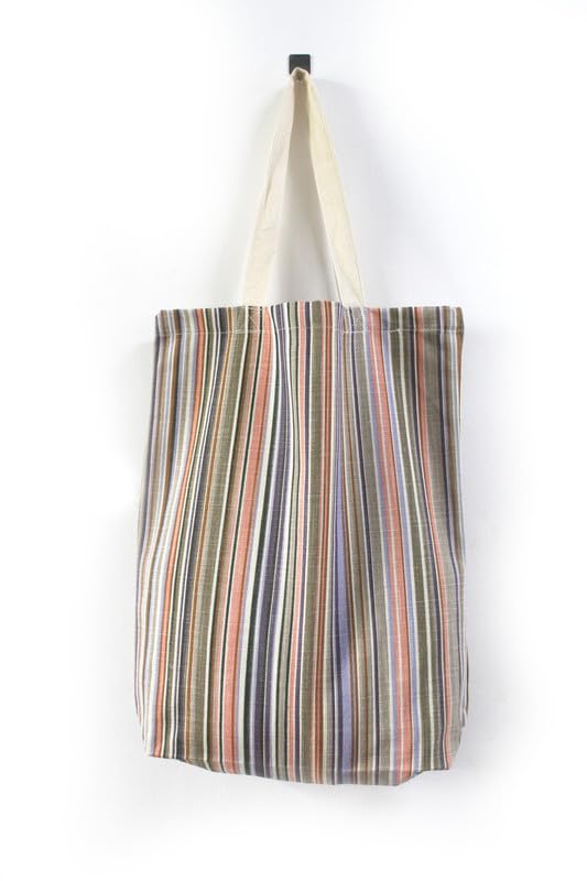 Multi-Striped Cotton Canvas Tote Bag, Reusable Shopping Bag with Cream Handles (Set E)