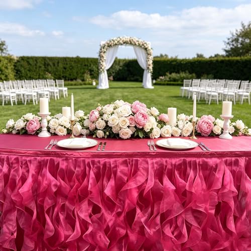 Image of Luxury Organza Mesh Table Skirt Draping Floating Romance - Perfect for Bridal Showers, Birthday Weddings - Clear Flowing Decoration for a Wonderful Main Cake Table (Hot Pink-6ft, 72 inchLx30 inchH)