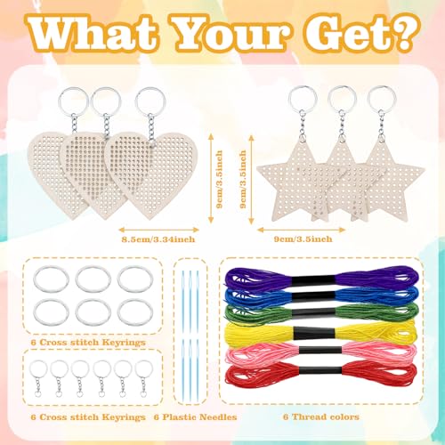Image of Ymapinc Beginner Embroidery Cross Stitch Keychain, 6Pcs Mini Sewing DIY Key Chains for Beginners Age 5-8, Small Cross Stitch Wood Pentagram and Heart Shaped Needles Sewing