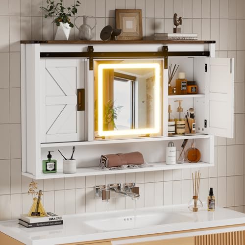 PAKASEPT Farmhouse Bathroom Mirror Cabinet Bathroom Medicine Cabinet Wall Mounted with 3 Color Lighting Adjustable Shelves Sliding Barn Doors for Bathroom Laudry Room