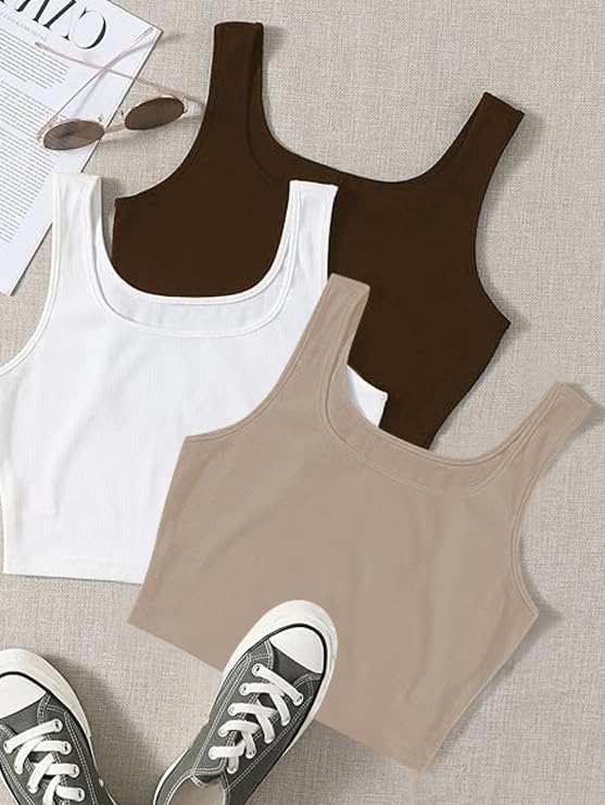 Image of Toochki Women's Knitted Sleeveless Solid Sqaure Neck Ribbed Tank & Crop Tops (Pack of 3)