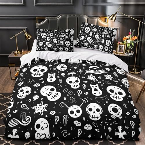 Housse de couette crâne 220x240 cm en microfibre avec 2 taies d'oreiller