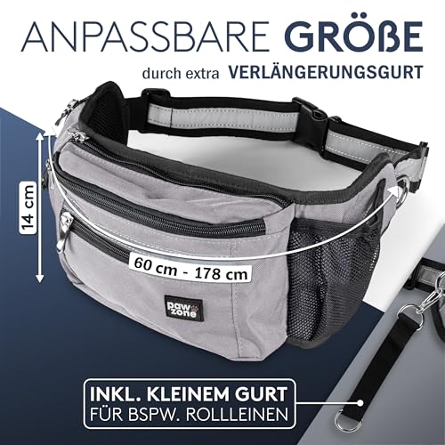PAWZONE Futterbeutel Hunde - Leckerlibeutel für Hunde - Bauchtasche für Hunde Zubehör - Leckerlitasche für Hunde - Inkl. Reflektorband & Zusatzgurt für Flexileine (Silbergrau)