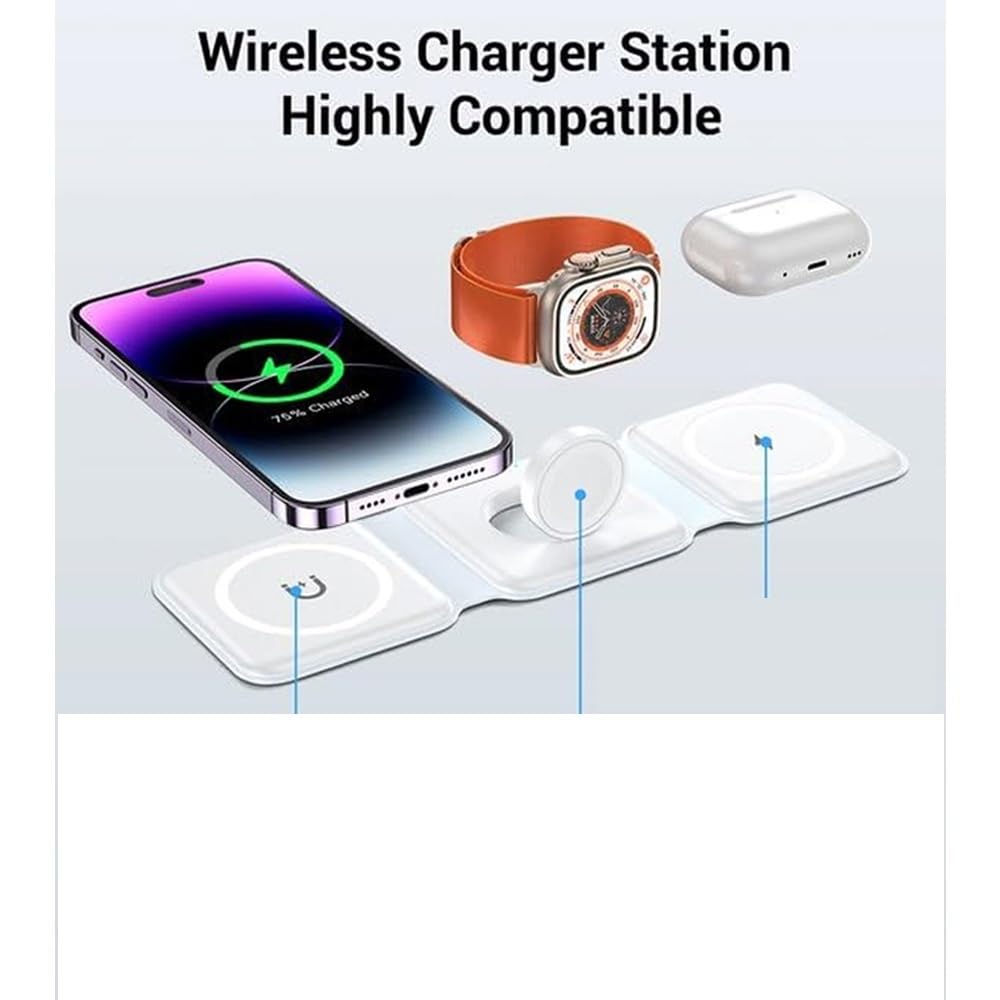Station d'accueil de charge sans fil pliable 3 en 1 pour téléphone 15, 14, 13, 12Pro Max, iWatch - Station d'accueil de charge rapide sans fil (blanc avec câble)