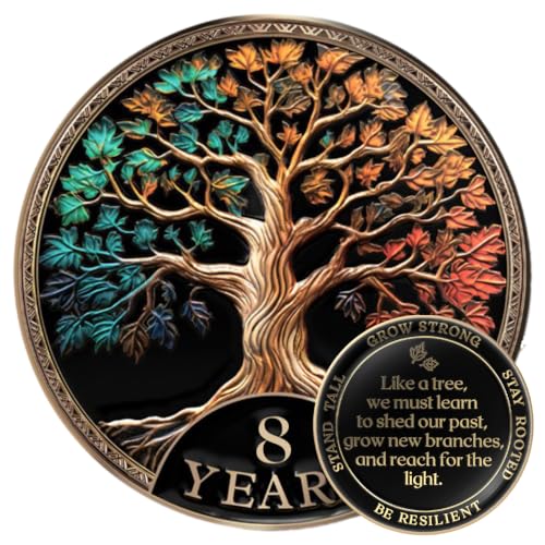 Image of MilestoneMint 8 Year Sobriety Coin Tree of Life Gift Set | Anniversary Sobriety Gifts for Men & Women | AA Coins and Medallions with Token Capsule, Stand & Card | 3D Texture, Recovery AA Chips