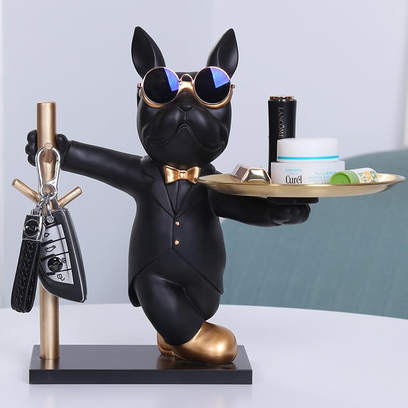 Bulldog Key Holder Statue, Cool Resin French Bulldog Ornament with Key Hanger and Storage Tray, Modern Home Decor Art Sculpture Key Wallet Glasses Storage Organizer for Entryway and Desktop (Black)