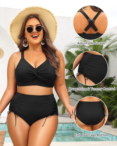 Womens Plus Size High Waisted Bikini -Twist Front Two Piece Swimsuit 2025 Tummy Control Bathing Suits with Drawstring3