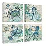 Bathroom Canvas Art Wall Decor Octopus Seahorse Marine Life Watercolor Wooden Pictures Canvas Prints Wall Art Rustic Beach Theme Wall Decor 4 Pieces Framed Wall Art for Bedroom Ready to Hang 14x14