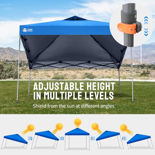 Image of CROWN SHADES Adjustable Height on The Fly, 10x10 Pop Up Canopy - Beach Tent with One Push Setup - Easy Outdoor Sun Shade for Events, Parties, Camping - Outside Shade with STO-N-Go Bag, Blue