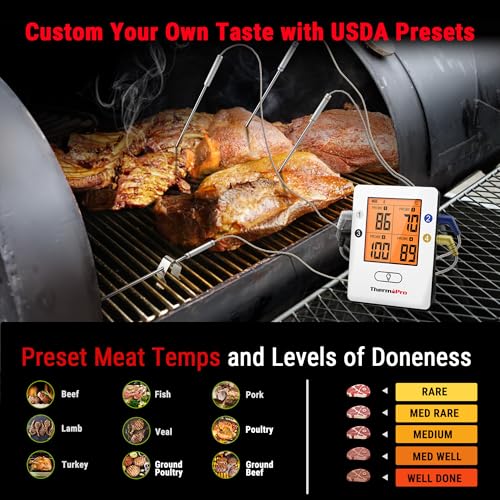 ThermoPro TempPro Bluetooth 5.0 Digital Bratenthermometer Grillthermometer Funk Fleischthermometer mit 4 Sonde für BBQ, Garraum, Smoker, Steak, Unterstützt IOS, Android, Reichweite bis zu 150m 5