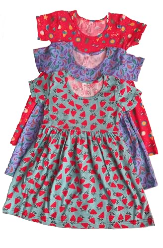 Image of Girls Pure Cotton Casual Round Neck Regular feet Multi Color Girls Gown Dress Half Sleeve Set of 3 pcs
