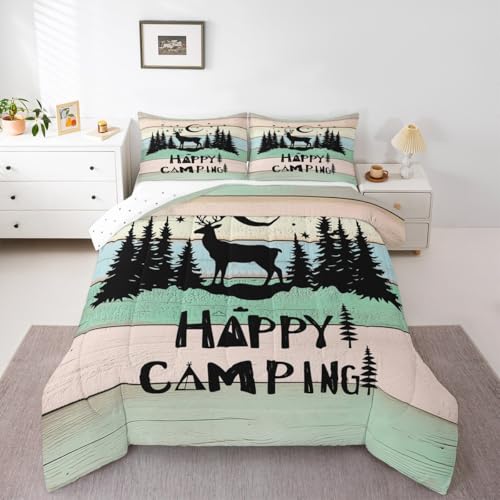 Camper Accessories Bedding For Bunk Travel Trailers,Happy Camping Theme Queen Bedding Comforter Sets Gifts For Teen Boys Girls,Rv Accessories For Inside,Rustic Farmhouse Woodland Deer Pattern 3Pcs