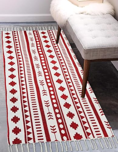 Image of SAGON 2x5 Ft Printed Runner Carpet - Cotton Bedside Rug for Bedroom & Living Room (Red Arrow Geomatric)