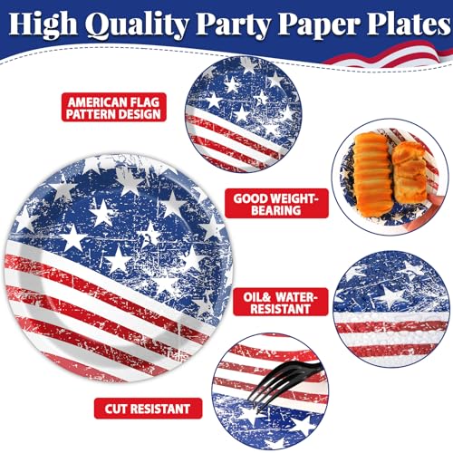 Image of Qyeahkj 48 Pcs 4th of July Party Plates Independence Day Disposable Paper Dessert Plates Supplies for American Flag Party Plates Dessert Plates Tableware Decorations
