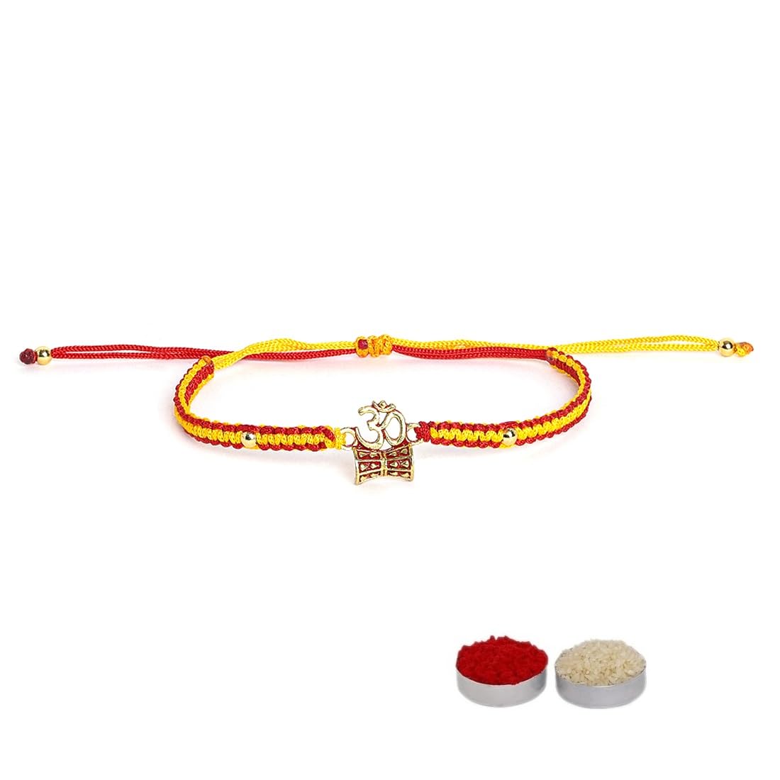 el regalo 1PC Auspicious Thread Rakhi Brother- Red & Yellow Thread OM, Ganesha, Shree, Trident, Damroo Mauli Rakhi with Roli Chawal Shagun, Message Card in Rakhi Gift Box-picture-11