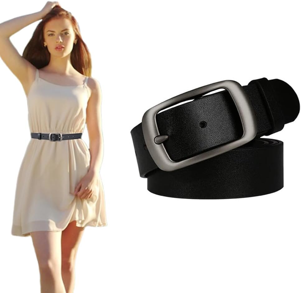 Goodern 110CM PU Leather Belt for Women, Women's Chic Faux Leather Waist Belt Fashion Vintage Design Buckle Belt for Jeans Pants Dress-Black