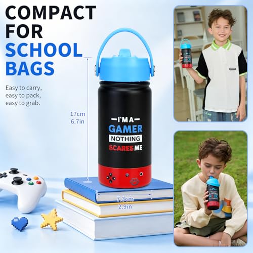 Image of Kids Insulated Water Bottle with Straw Lid, 14oz Double Wall Vacuum Stainless Steel Tumbler, Leak Proof Reusable Metal School Cup for Boys Girls, Keep Cold 24H Hot 12H (Blue-Red-I M A（Pack 2）)