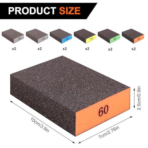 Image of Romeda 12-Pack Sandpaper Block, Four Grits Per Pack 220 /180 /120 /100 /80 /60, Washable and Reusable Handmade Sanding Sponge, Drywall Sandpaper Blocks for Wooden Drywall Sheetrock and Metal Glazing