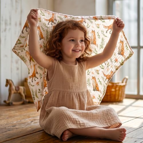 Image of Muslin Receiving Blankets, Neutral Blanket Swaddling for Newborn Boys and Girls, 5 Pack Breathable and Skin-Friendly Swaddle Wrap for Infant Baby (Forest Fox)