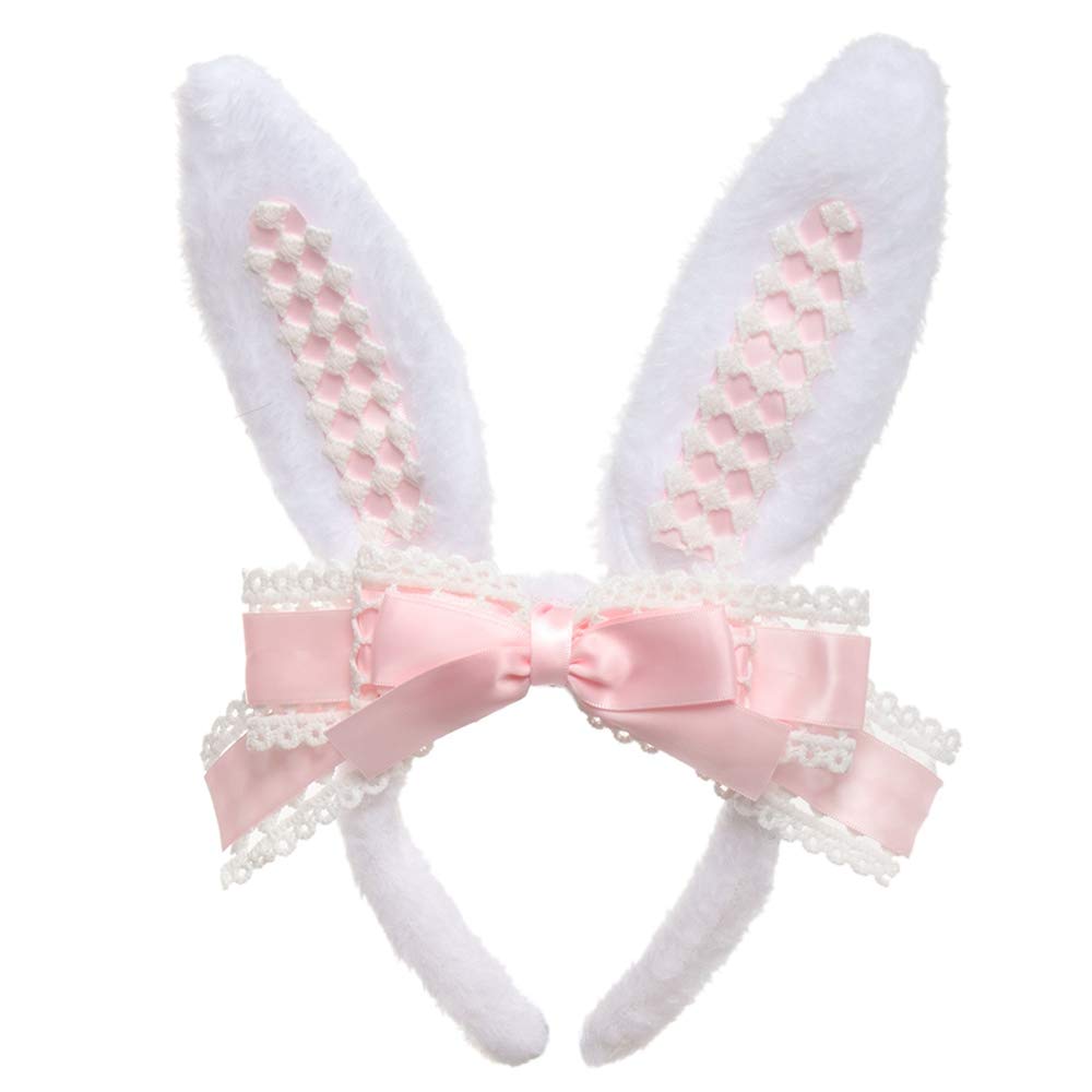 Handmade Hair Accessory Headband Gothic lolita cosplay Cute Rabbit Ears Bow Lace Hair Band Headwear (Pink)