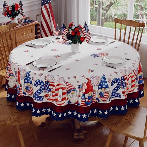 Siilues 4th of July Tablecloth Round 70 Inch 250 Anniversary USA Merchandise Patriotic Decorations Washable Blue Red Gnome America Memorial Day 250 Table Cloth Waterproof Scalloped Edge Table Cover