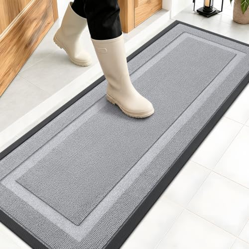 Image of OLANLY Front Door Mat Indoor Outdoor Entrance, Waterproof All-Season, All-Weather Doormat, Sturdy Natural Rubber, Low Profile, Easy Clean Patio Porch Entryway Mat, 47x17, Silver Gray