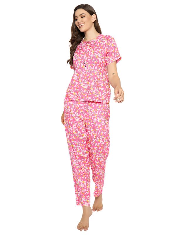 Image of Clovia Women's Rayon Printed Top & Pyjama Set- Pink