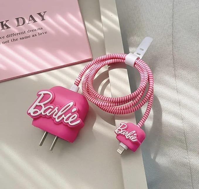 Image of PHONE PALACE 4 in 1 Compatible with Apple iPhone Charger Case Cover | Silicon Charger Case Cover for Apple 18-20W 360 Degree Protection Case with Wire Saver ((Pink Barbie))