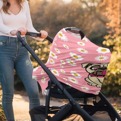 Image of Forchrinse Pug Daisy Car Seat Cover for Babies Soft Breathable Breastfeeding Nursing Cover Infant Carseat Canopy Stroller Cover Easy Install