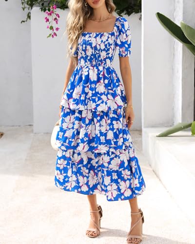 Image of BTFBM Womens Floral Smocked Summer Maxi Dresses | Square Neck Puff Short Sleeve Ruffle Tiered, 2026 Trendy Casual Sundress, Cruise Holiday Beach Vacation Wedding Guest Dress