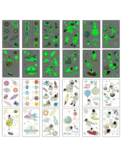 BARRU Tatuaje espacial para niños, 12 hojas, tatuajes temporales para niños, respetuosos con la piel, espacio, cumpleaños de niños, espacio