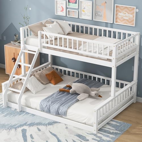SOFTSEA Twin XL Over Queen Bunk Bed with Build in Ladder, Wood Bunk Bed Frame for Kids, No Box Spring Needed, White